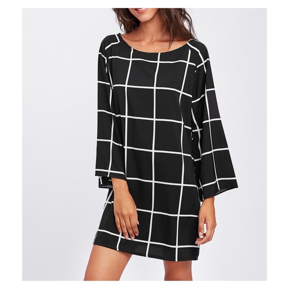LAST ONE! Black White 3/4 Sleeve Plaid Shift Dress - Picture 4 of 5